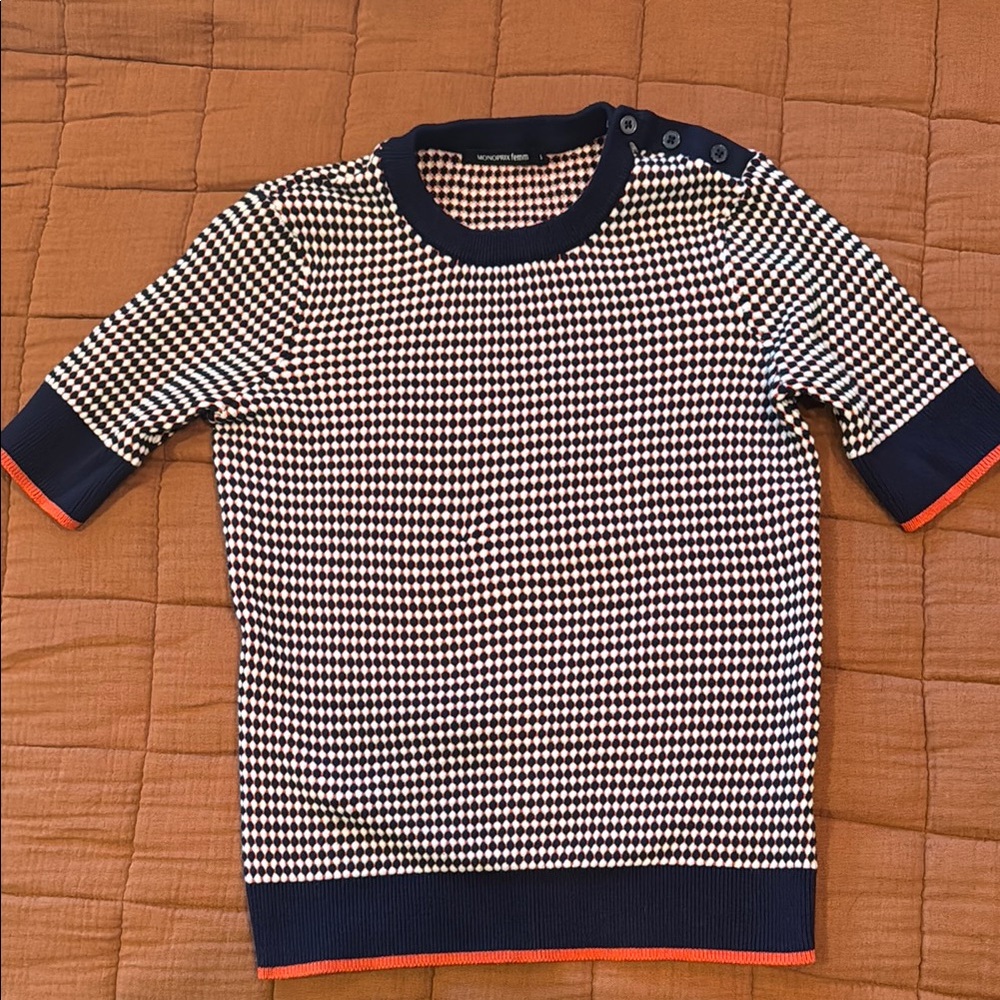 Blue and White Crew Neck Sweater with Nautical Pattern